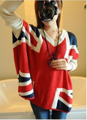 Womens British National Flag Design Batwing Asymmetric Sweater Cardigan Shirt