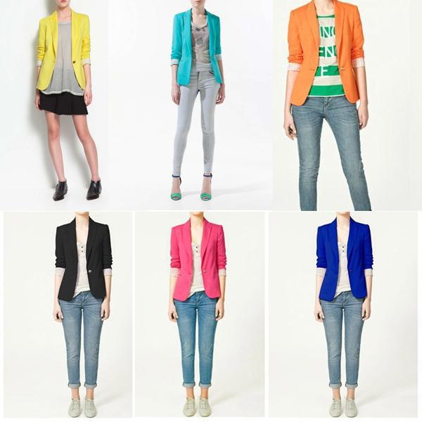 Womens Candy Color One Button Foldable Sleeve Suit Blazer Jacket XS S M L A1395