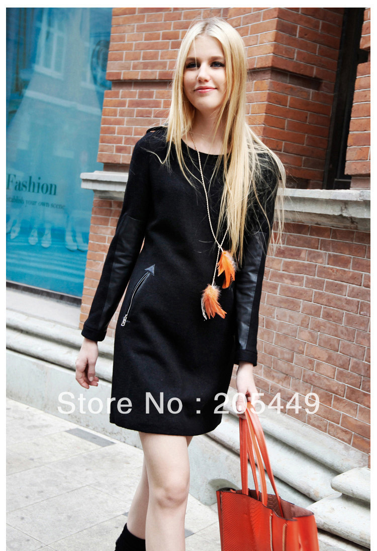 Womens Celebrity Street Style Faux Leather Sleeve Wool Blend Fitness Dress Free Shipping