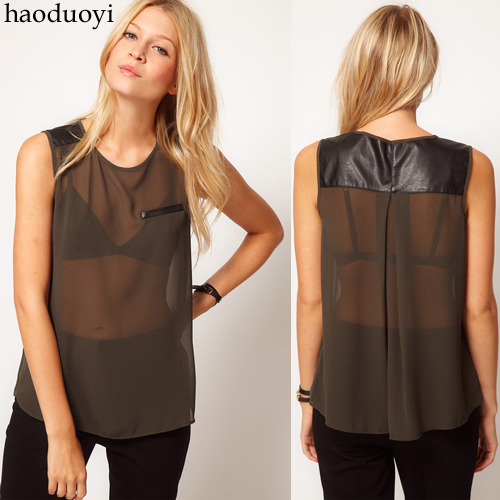 Womens chiffon blouse with pu patchwork in shoulder for freeshipping