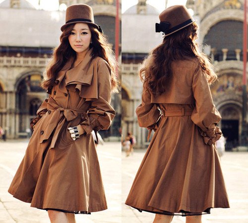 Womens Double-Breasted Flouncing Neck Long Slim Windbreaker Trench Coat 1977#