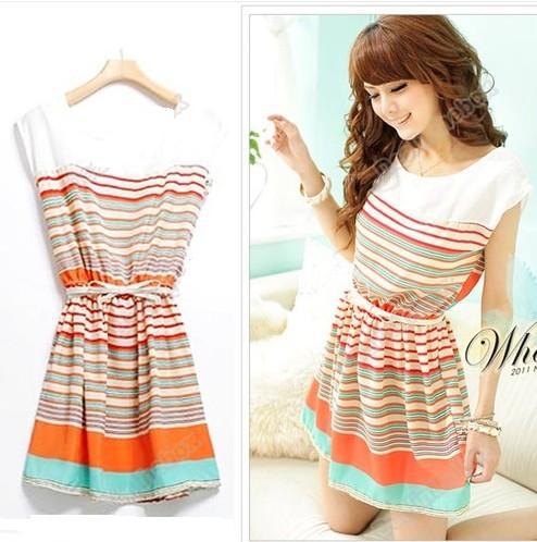 Womens Dresses Colorful Stripes Summer Chiffon Dress Clubwear Free Bowknot Belt