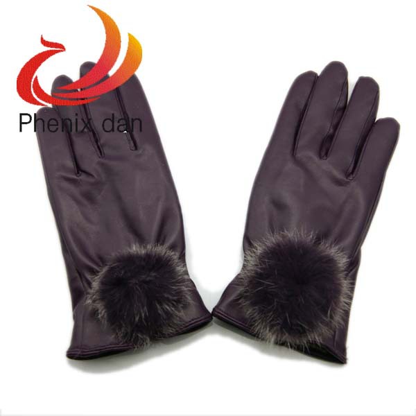 Womens Elegant Purple PU Leather Rabbit Fur Winter Ladies Soft Warm Wrist Gloves Free Shipping