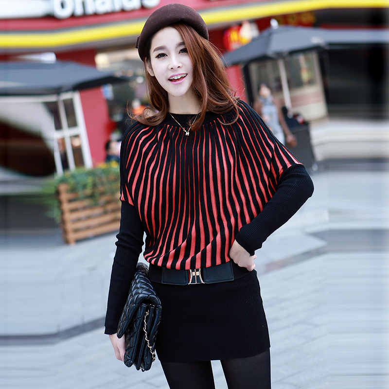 Womens Fashion Colorblock Long Sleeve Stripe Sweater Wool Blends Batwing Pullover Dress Free Shipping yn867-8-5