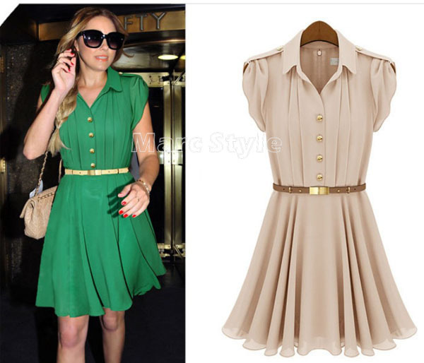 Womens Fashion Pleated Chiffon Green Button Shirt Dress #WD043