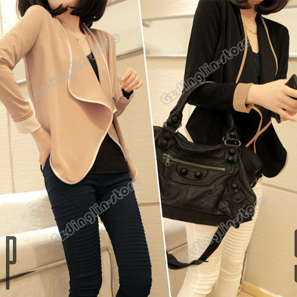 Womens Ladies Long Sleeve All-Match Chiffon Casual Tops Loose Short Jacket Coat Size S Color Apricot Black Free Shipping 0705