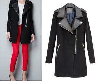 WOMENS long jacket coat trench parka outwear  WOOL PU LEATHER COLLAR Zipper h285 Free shipping