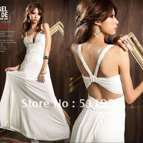 Womens Low Cut V-neck Strappy Backless Jewel Full-length Long Evening Gown Long Dress Free Shipping #B51501