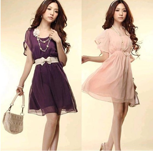 Womens Spring Summer Wave Sleeve Chiffon Dress With Belt Elastic Waist Lady dresses Retail Free Shipping