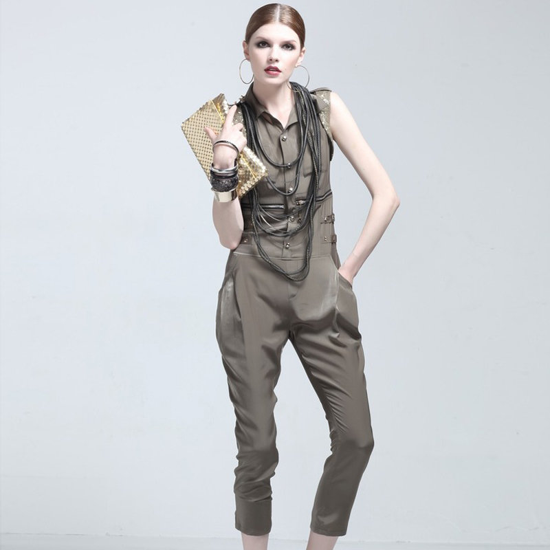 womens vintage jumpsuits sleeveless ladies Jumpsuits Rompers Trousers Overall Pants Army green color