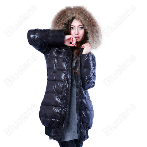 Womens Warm Slim Belted Celebrities Hooded Single-Breaste Zip Shinning Down Cotton Padded Long Outwear 33122