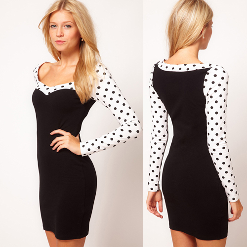 Womens winter dress with black dot sleeve patchwork for freeshipping