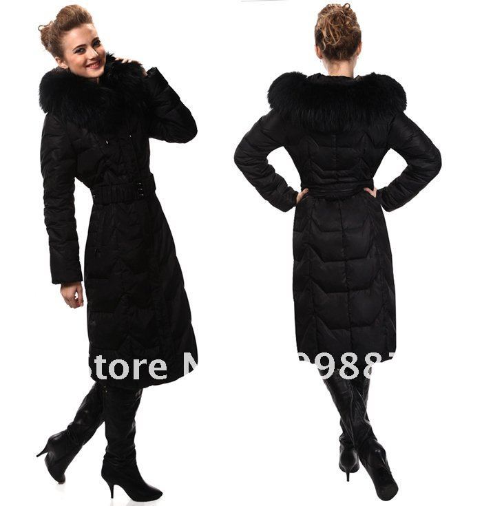 Womens Winter Luxury Fur Hooded Down Jacket Coat Belted Slim Long Puffer Parka