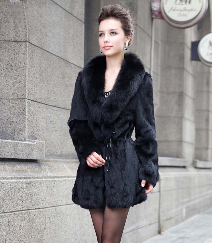 Wonderful Ladies Black Rabbit Fur Coat Long Sleeves With Black Fox Trim