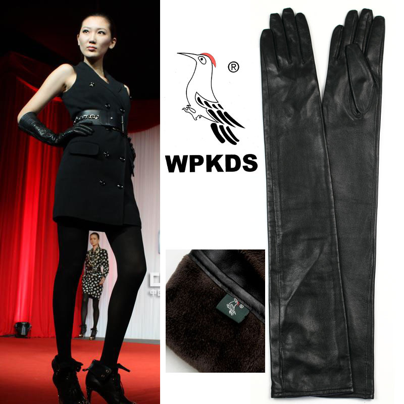 Woodpecker genuine leather long gloves ultra long cotton cuff sheepskin thermal arm sleeve women's accessories