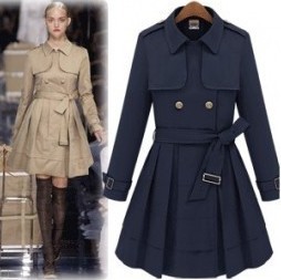 wool blends coat Star style fashion high waist double breasted trench dress outerwear beige navy blue women outerwear