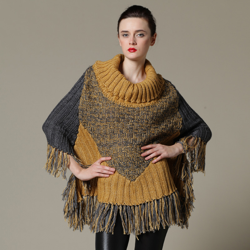 Wool cloak plus size fashion loose turtleneck thermal tassel yarn sweater knitted female