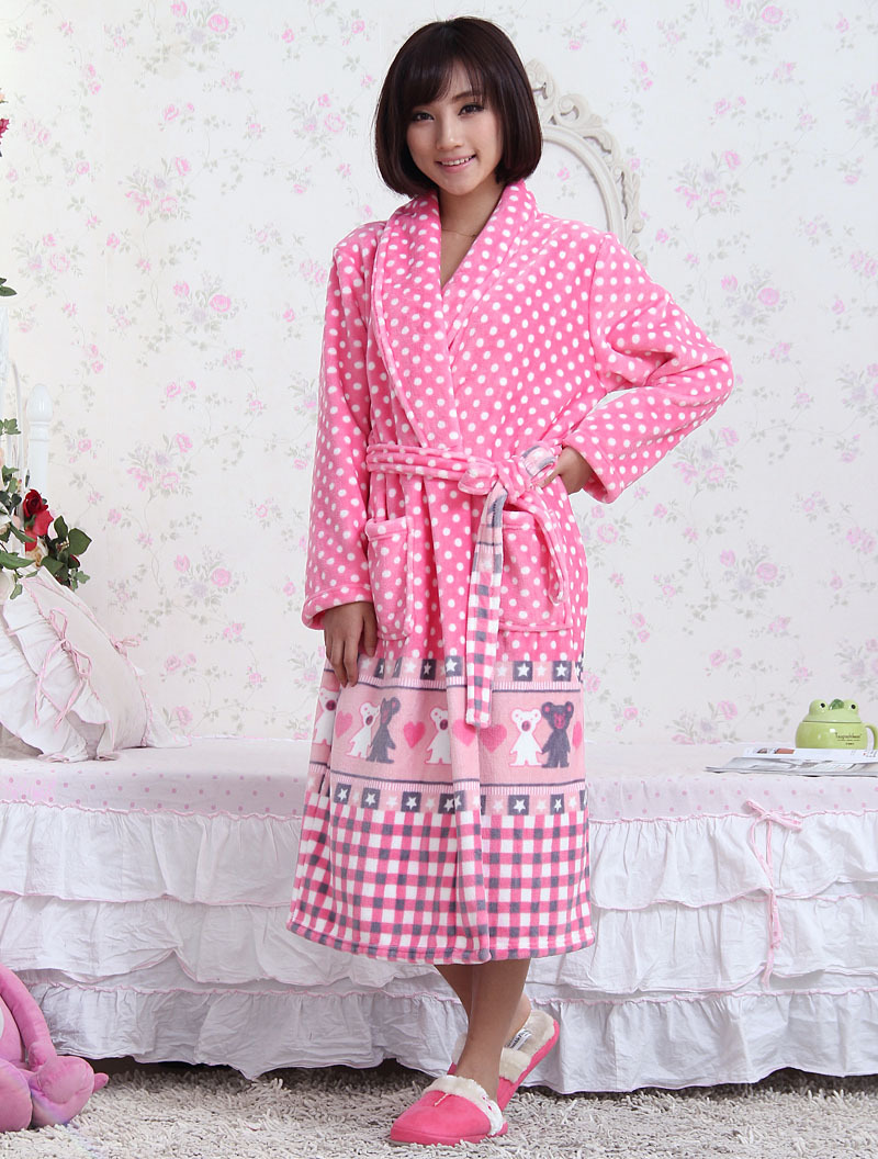 Wool flannel thickening coral fleece powder dot bear robe bathrobes