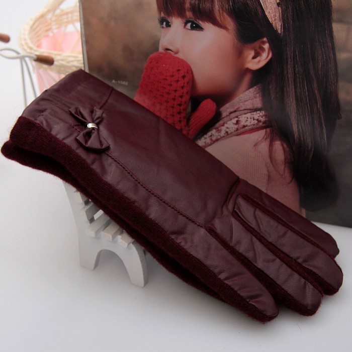 Wool gloves female winter full double layer thermal dish leather cycling gloves