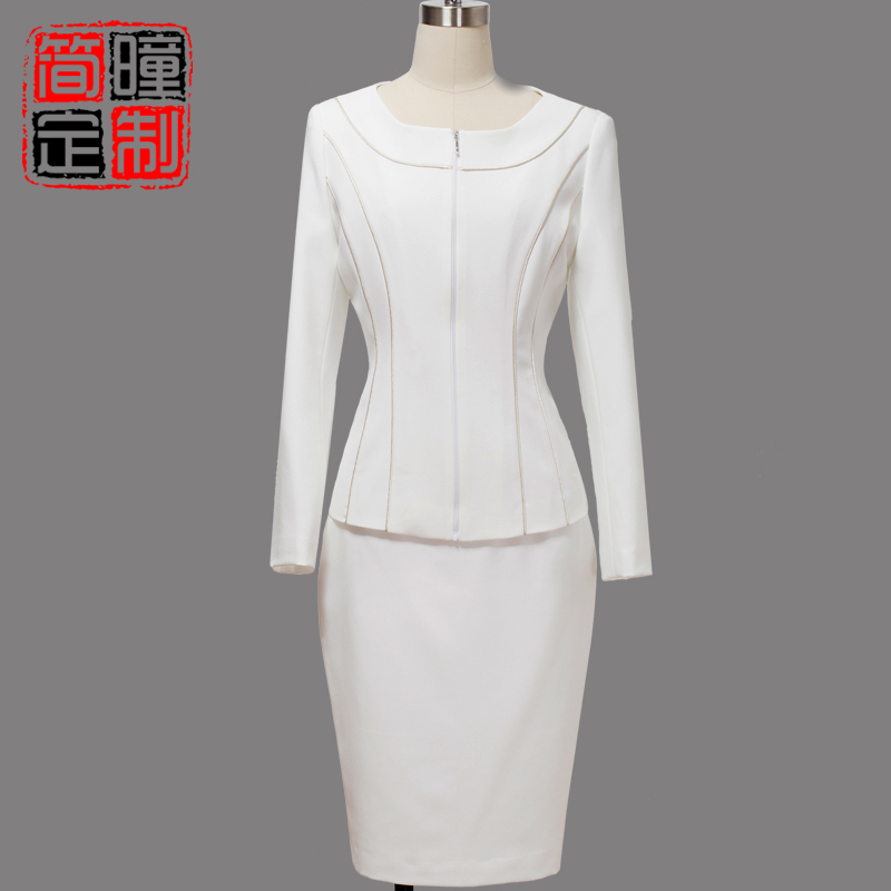 Work wear women's skirt gentlewomen o-neck zipper white elegant set plus size a170