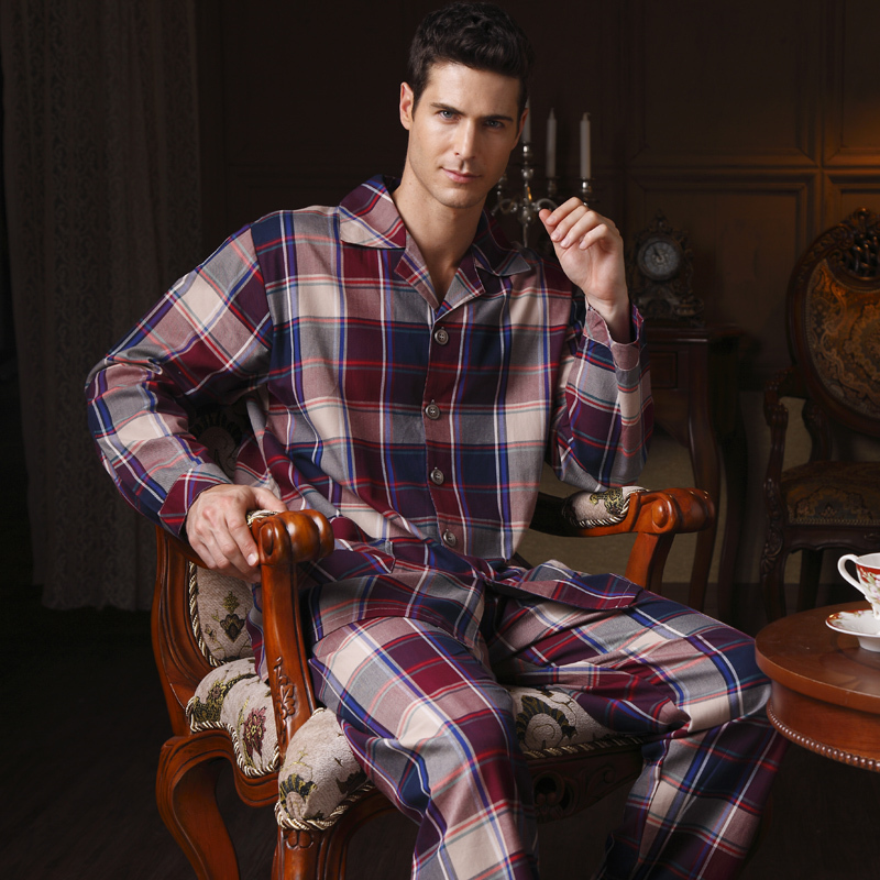 Woven 100% cotton male long-sleeve plaid sleepwear spring and autumn 100% cotton lounge set 25