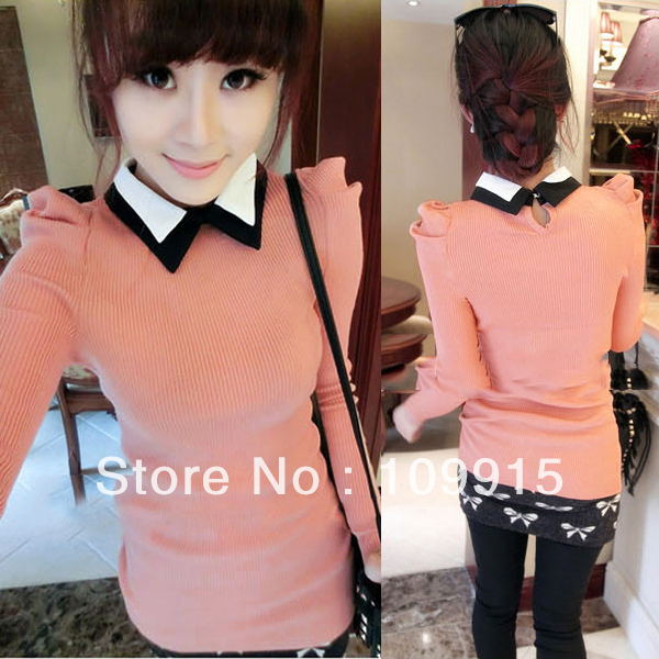 Woven Knitwear Top Long Ladies Slim White/Black Collar Sweater Pink CY0356P