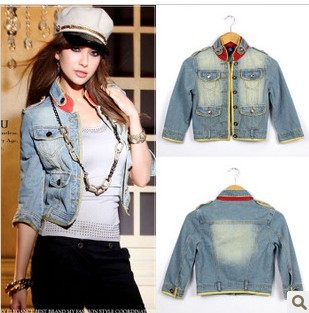 wowed stand collar denim epaulette denim short jacket of half sleeve denim color block decoration outerwear -jk