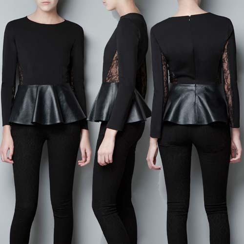 Wrist-length sleeve lace knitted leather patchwork stromatolith top black leather ruffle sweep sweater 6 full