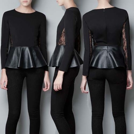 Wrist-length sleeve lace knitted leather patchwork stromatolith top black leather ruffle sweep sweater Size : XS~XXL