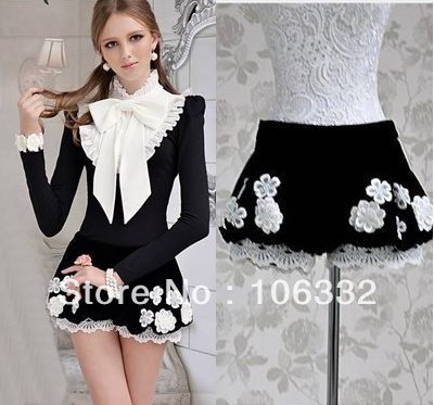 XS-L Free shipping new fashion black lace patchwork low waist embroidery ladies casual pantskirt dressy shorts