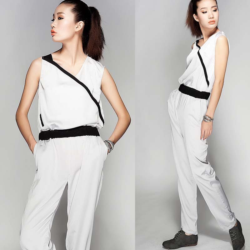 XXL 2012 fashion summer  womens chioffon sleeveless V-neck white with black jumpsuit ladies slim overall  trousers for women