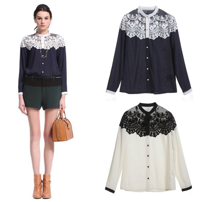 Yager,free shipping,New retro shoulder lace mixed colors lace stitching long-sleeved shirt,TGS006