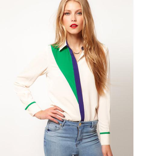 Yager,free shipping,spring 2013  Europe and US  new  chest spell green blouses. women's long sleeve shirt