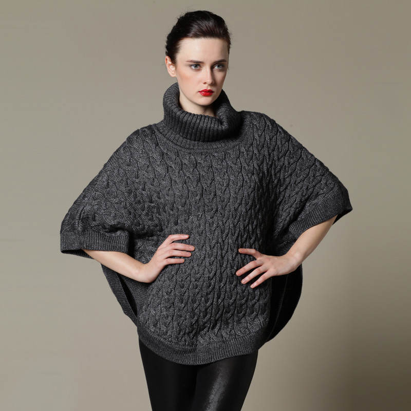 Yarn cape cloak wool thermal loose turtleneck knitted sweater outerwear female