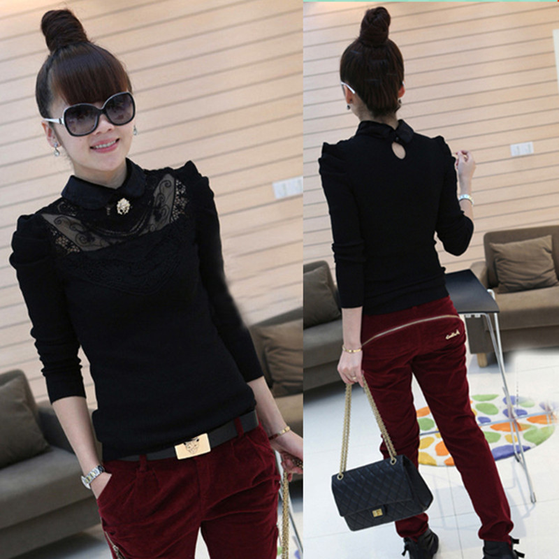 Yb spring 2013 fashion shirt collar hook woven pattern tight bubble long-sleeve basic knitted top