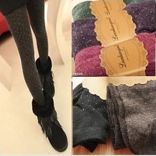 YBB Polka dot tape liangsi wool blending lambsdown autumn and winter thickening step on the foot stockings