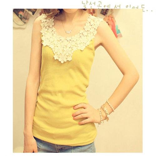 Yellow Lace Crochet Collar Hollow Stitching Thread Cotton Base Shirt Vest