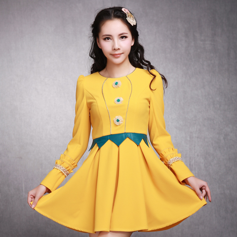 Yellow o-neck light flower decoration leather y3379 one-piece dress