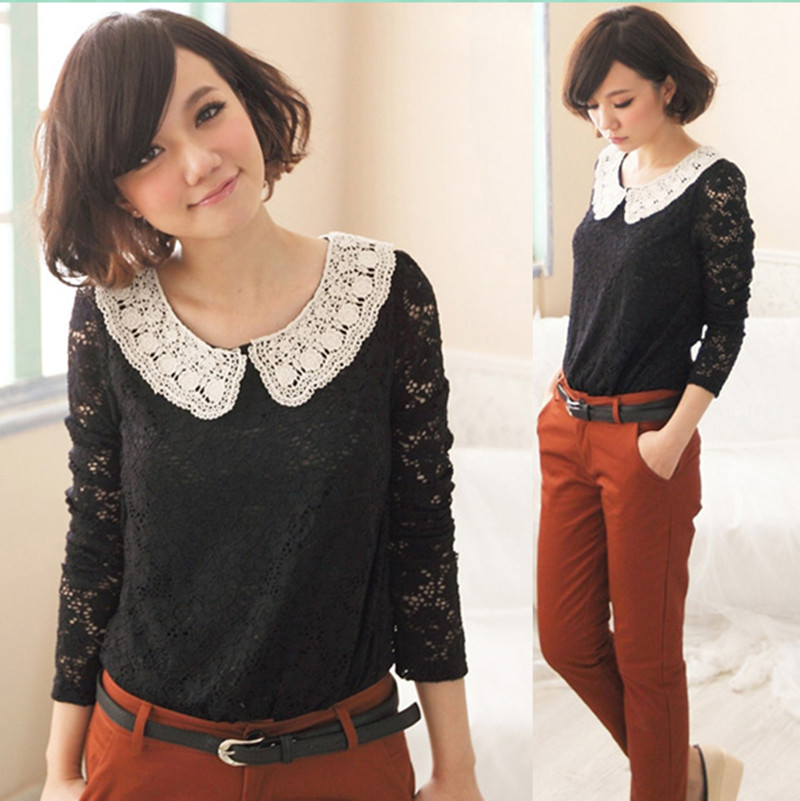 Yh spring 2013 women's fashion crocheted vintage cutout all-match lace long-sleeve top basic shirt