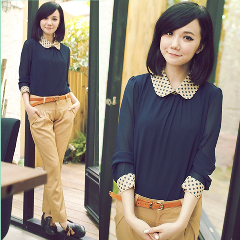 Yl spring 2013 women's elegant ol sweet dot translucidus long-sleeve chiffon shirt top