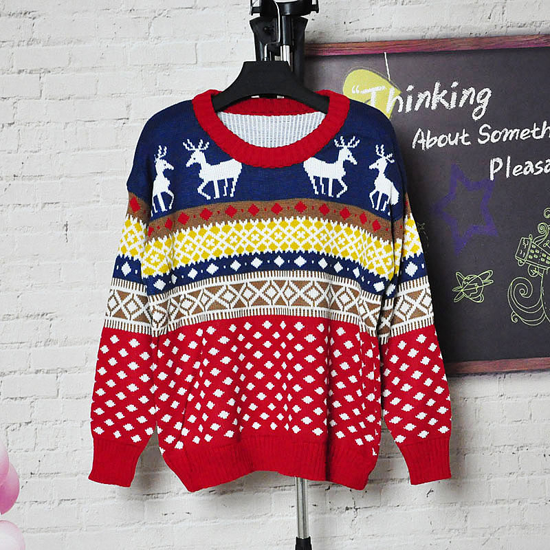 Youfans small christmas elk o-neck loose pullover double layer thickening sweater