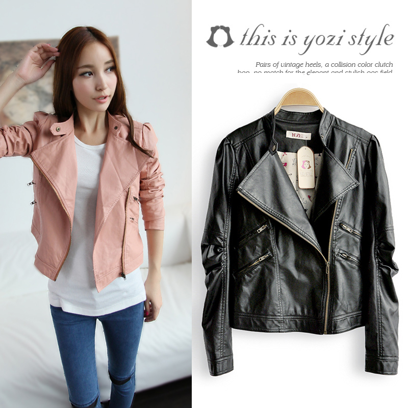 Yozi 2012 winter new arrival women's stand collar zipper decoration short design leather clothing zb386