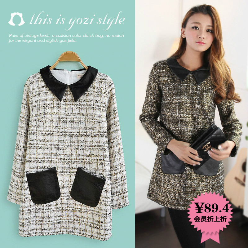 Yozi 2012 winter small woolen leather mosaic turn-down collar one-piece dress gg055