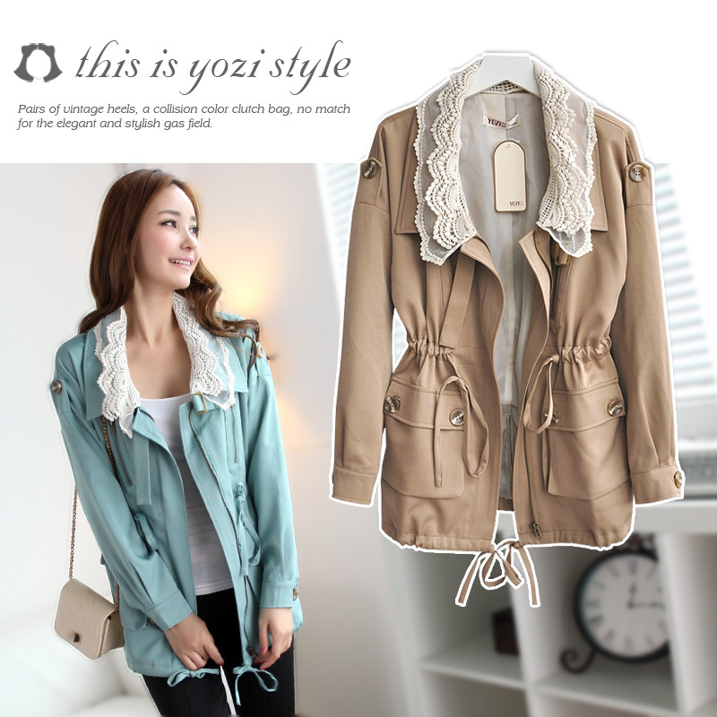 Yozi 2012 women's lace turn-down collar long-sleeve slim waist trench outerwear zb157