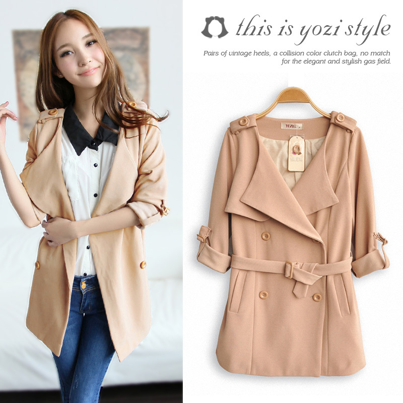 Yozi autumn new arrival women's casual turn-down collar double breasted belt trench outerwear zc194