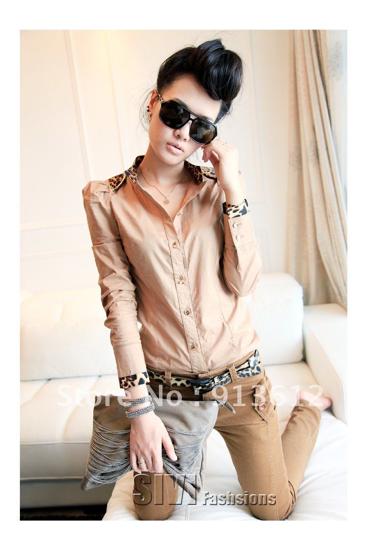 YRYY3682 Free Shipping 2012 New Women's Autumn Leopard Print Patchwork Slim Turn-down Collar Long-sleeve Shirt