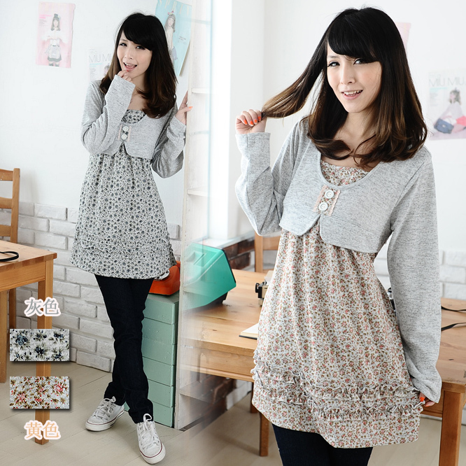 Ys3600 faux two piece small cape print knitted 100% cotton top maternity long-sleeve