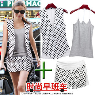 Yuki's Closet Free Shipping 2013 spring piece set fashion elegant polka dot colorant match vest jk750