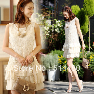 Yuki's Closet Free Shipping Retail 2013 women's summer chiffon paillette cutout white lace one-piece dress vest one-piece dress