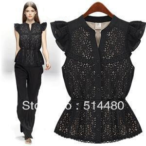 Yuki's Closet Wholesale Free Shipping female lace shirt top short-sleeve V-neck ruffled pleated sleeve slim waist shirt chiffon